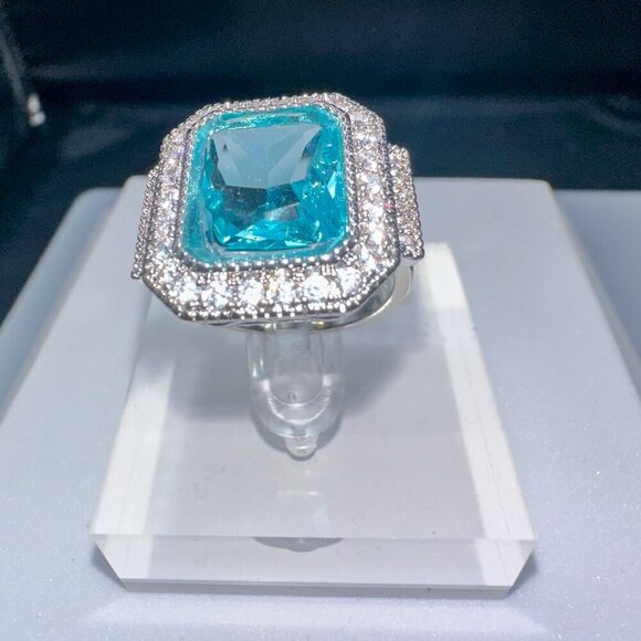Aquamarine and Cubic Zirconia Ring, Silver, Women's Size Various - Picture 1 of 4